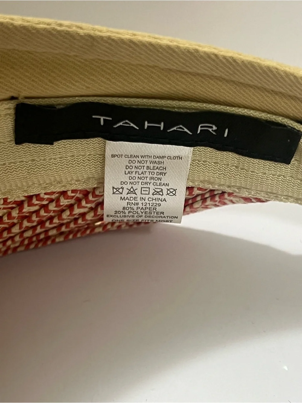 🆕 Tahari Woven Straw Visor Tan Red Cream NWT